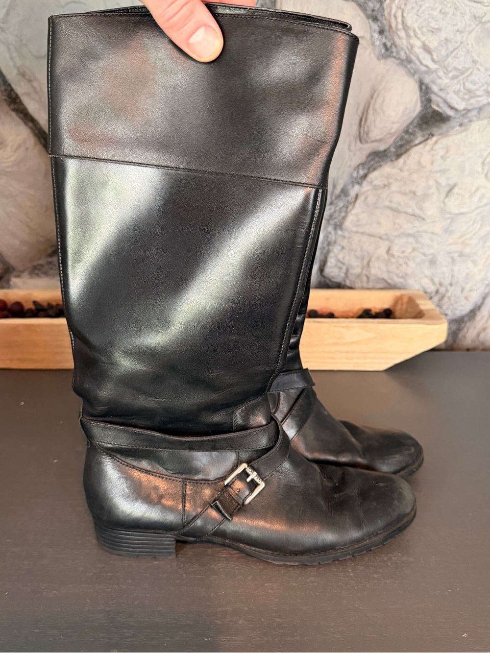 Vintage Ralph Lauren Classic Black Leather Riding Boots with Buckle Detail